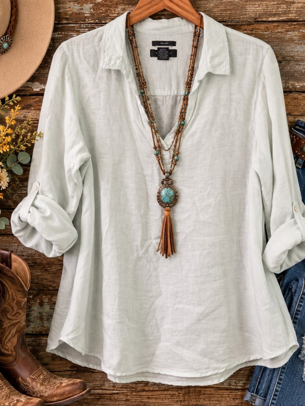 Tahari 2X 100% Linen Blouse Back Button Tunic Top Coastal Western Boho